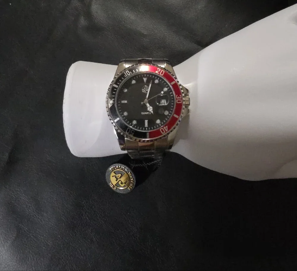 Men's Stainless Steel Watch with Black Dial and Red Bezel Accent